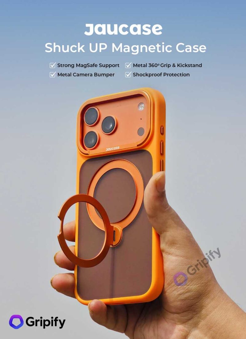 Jaucase Shuck UP Magnetic Case with 360° Metal Grip & Kickstand (Orange)